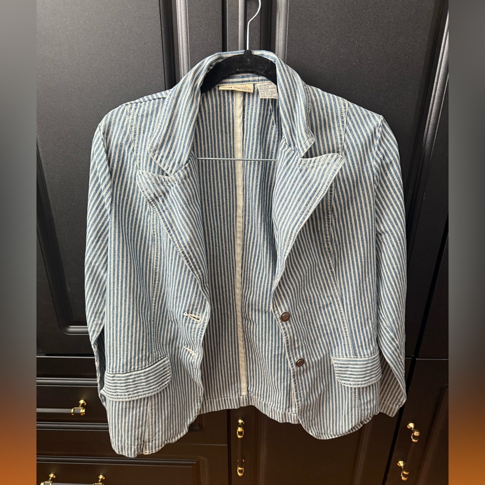 Vintage Faded Glory Denim Striped Blue and White Women's Blazer lightweight